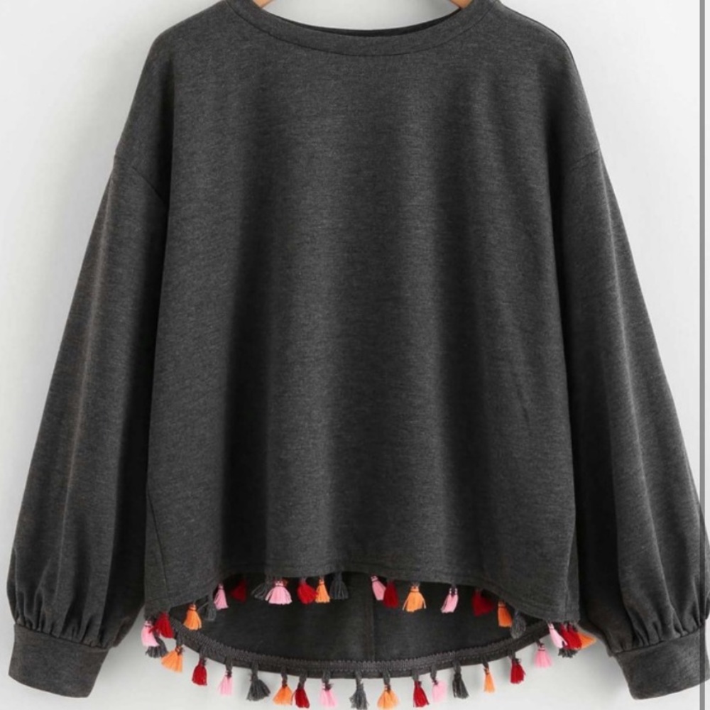 SHEIN Colorful Tassel Trim Dip Hem Pullover